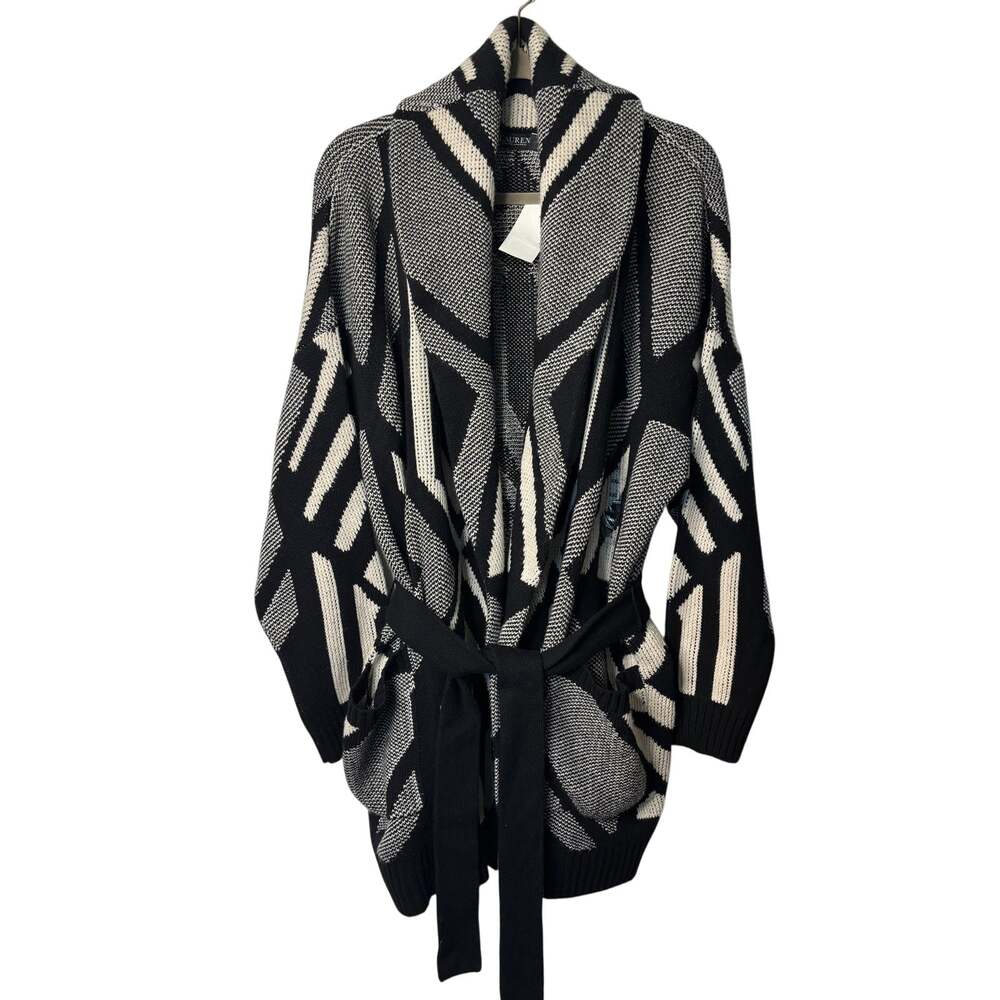 NWT Lauren Ralph Lauren Black & White Geometric Belted Cardigan Sweater XXL $345